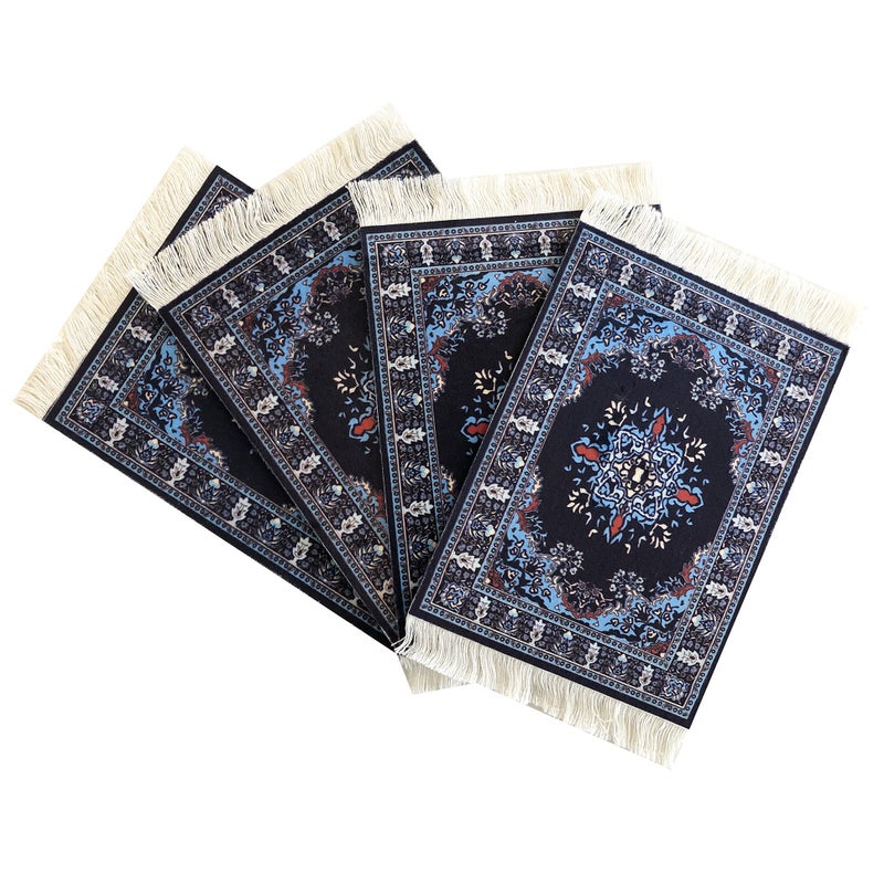 Carpet Coasters Set of 4 Turkish Rug Style Table Drink mats Navy Absorbent Kitchen and Dining Accessories Spill drip Protection Rectangular