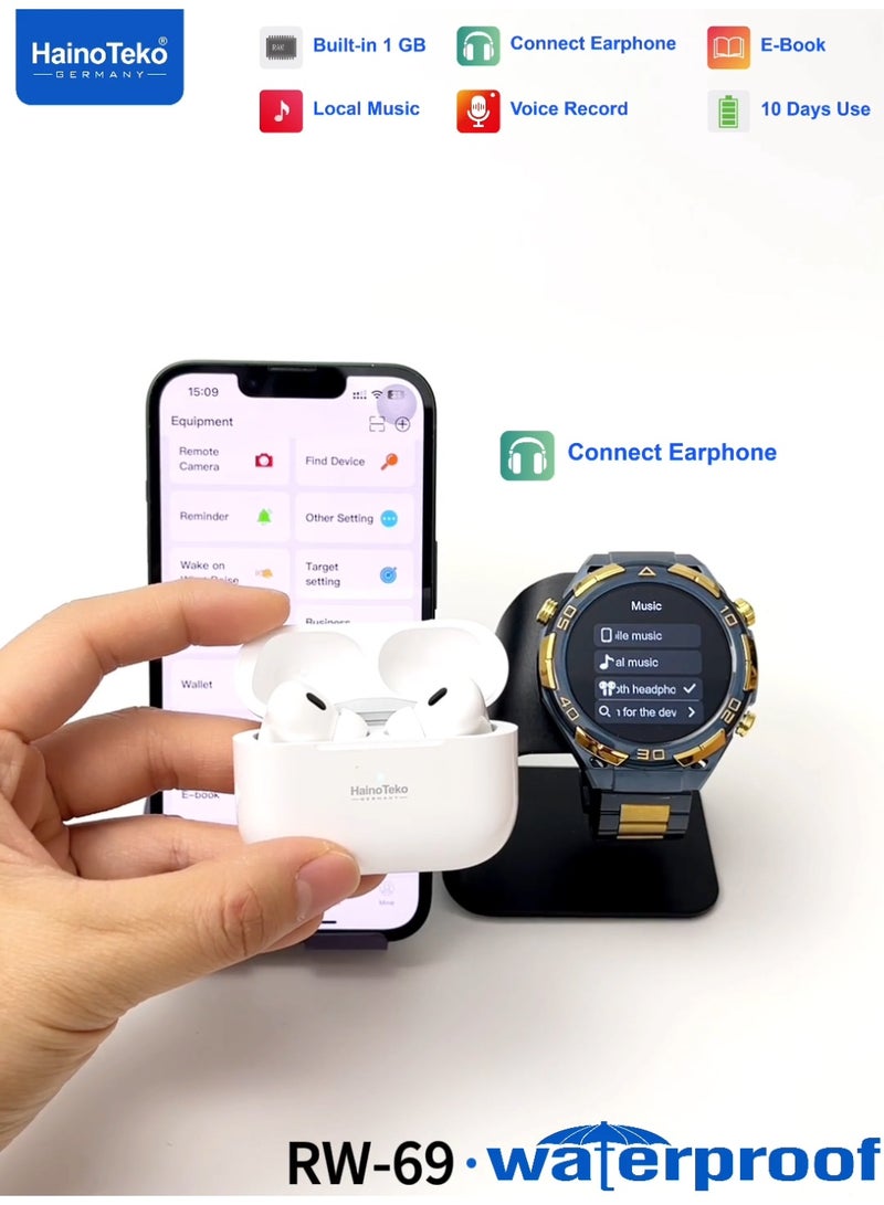 Haino Teko RW-69 Waterproof Smartwatch with 1GB Built-in Storage 10-Day Battery AMOLED Display  and 3 Pair Straps Designed for Men - Image 5