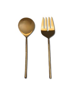 Pricne Salad Spoon and Fork Server Set Stainless Steel Spoon and Fork Set for Salad Gravies Fruits Soup or Pasta Champaign Gold Gloss Round Hammered  - Image 1
