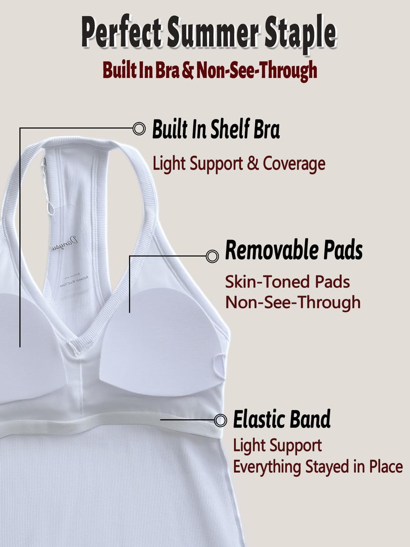 Danysu V Neck Racerback Built-in Bra Tank Tops for Women Trendy Cotton Ribbed Basic Halter Top Bright White L - Image 4