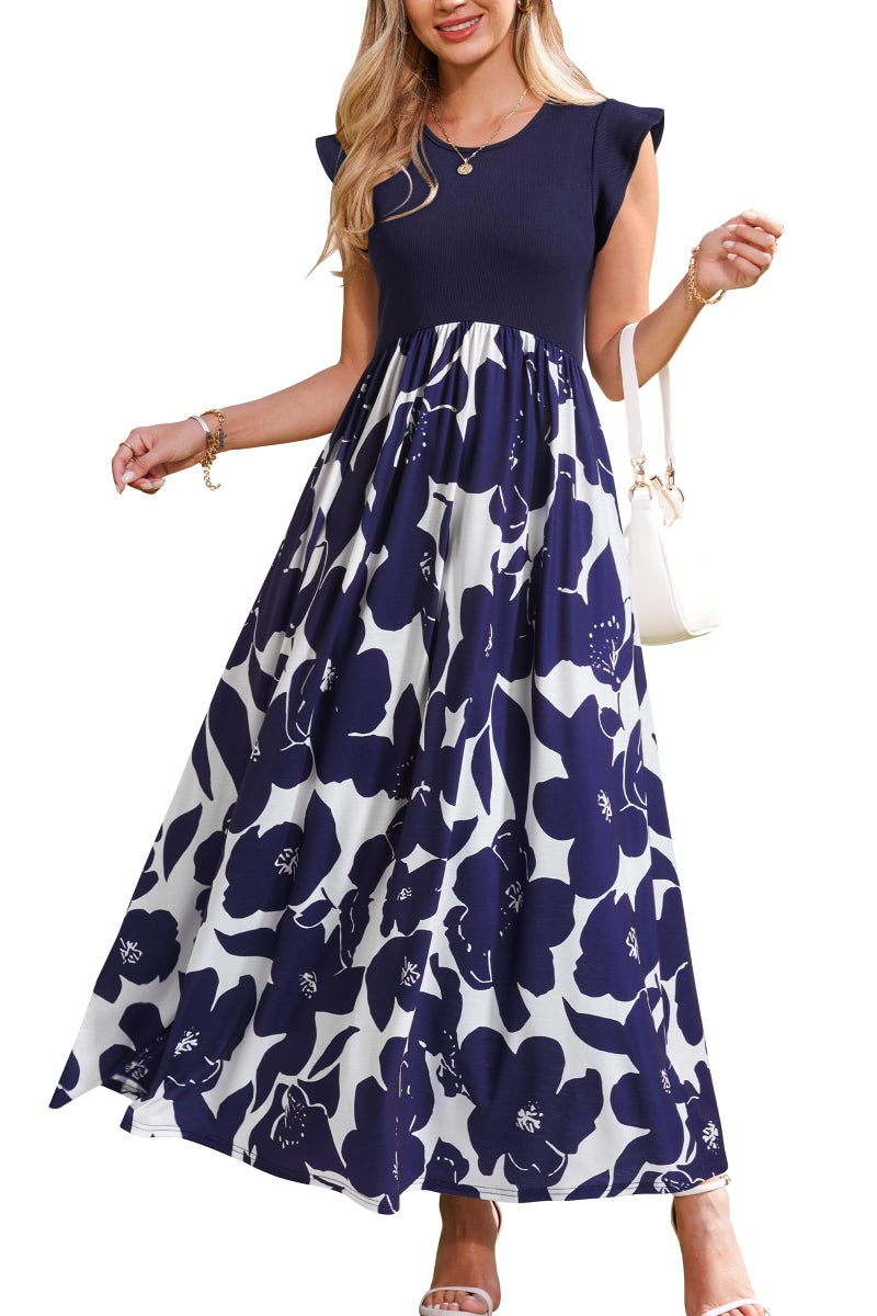 OUGES Women's Spring Dresses 2026 Fashion Outfits Crewneck Summer Maxi Dress Maternity Clothes with Pockets(Floral D,L) - Image 1