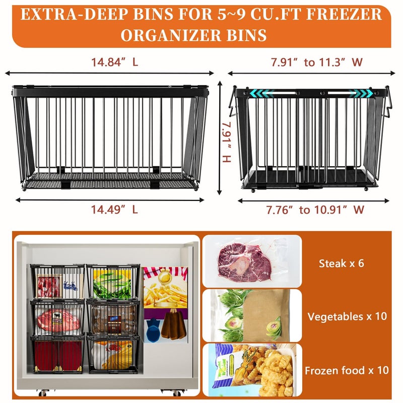 ANJUBAN Large Freezer Organizer Binsï¼ŒUpgraded Bottom Leak-Proof netï¼ŒFit 5 to 9 Cu Ft Chest Freezerï¼Œ4 Packï¼Œ Expandable Stackable Chest Freezer Containers with Handle (Black--4Pack) - Image 5