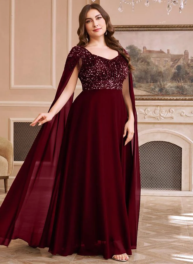 Supgir Plus Size Burgundy Sequined Chiffon A-Line Maxi Dress