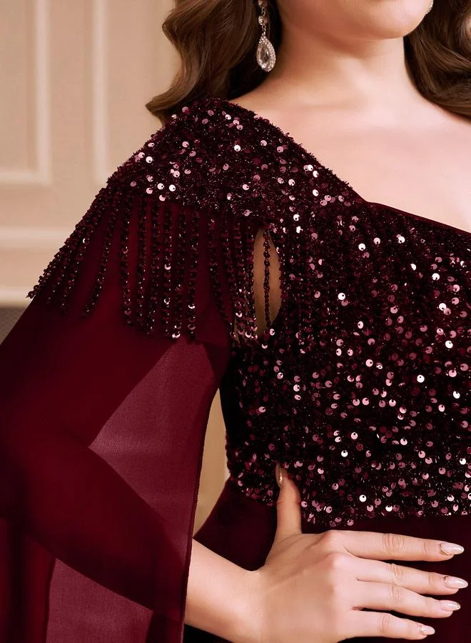 Supgir Plus Size Burgundy Sequined Chiffon A-Line Maxi Dress
