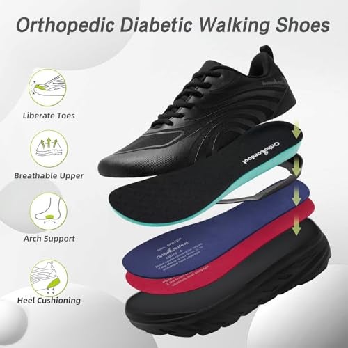 OrthoComfoot Women's Orthopedic Diabetic Wide Walking Shoes: Comfortable Plantar Fasciitis Orthotic Arch Support Sneakers, Bunions Recovery Casual Outdoor Biking Fit Dressy Road Running Shoes Black Size 8.5 - Image 3