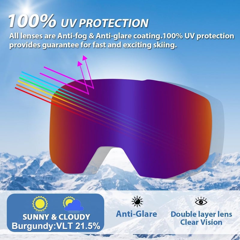EXP VISION Ski/Snowboard Goggles for Men Women, OTG Snow Goggles Anti Fog UV Protection - Image 2