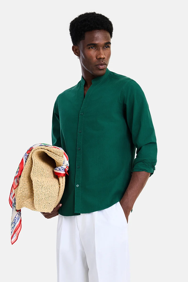SNITCH Dark Green Textured Long Sleeve Slim Fit Casual Shirt