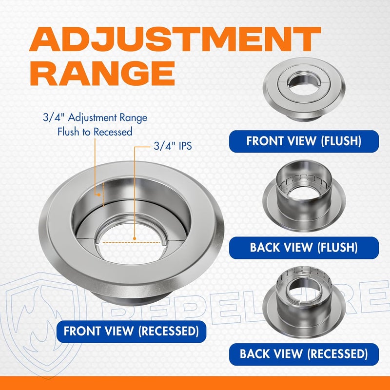 RepelFire Retrofit Recessed Fire Sprinkler Escutcheon 3/4 in. IPS - Split 3 Piece in Chrome Plated - Depth Adjustment Range up to 3/4 in. for Fire Sprinkler Trim - Image 3