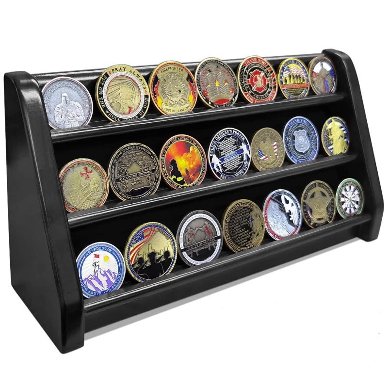 ASmileIndeep 3 Rows Military Challenge Coin Display Case Wall Mount Wooden Army Coin Holder Stand Rack Holds 2124 Coins Black