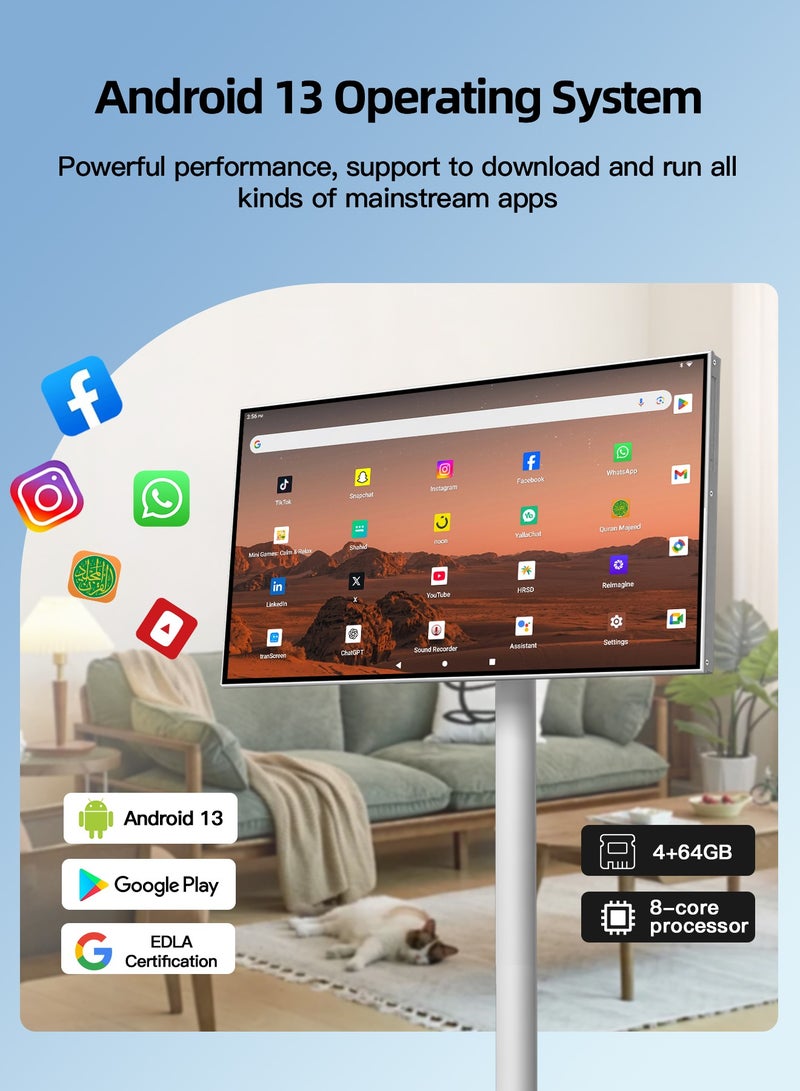 VLH 21.5 Inch 1080P Portable Touch Screen Monitor,Smart Android TV on Wheels,4-6H Battery,4+64GB Storage,Rotatable Display for Home Theater/Office/Outdoor,Arabic  & Google Play - Image 3
