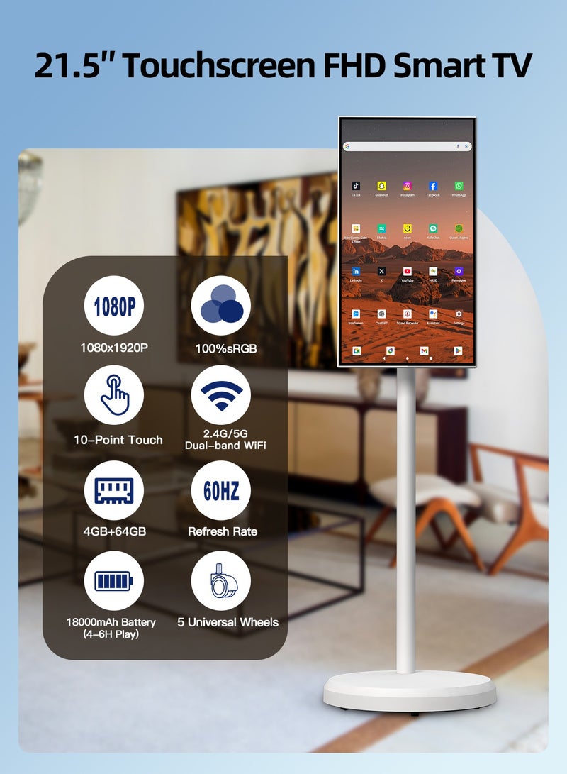 VLH 21.5 Inch 1080P Portable Touch Screen Monitor,Smart Android TV on Wheels,4-6H Battery,4+64GB Storage,Rotatable Display for Home Theater/Office/Outdoor,Arabic  & Google Play - Image 2