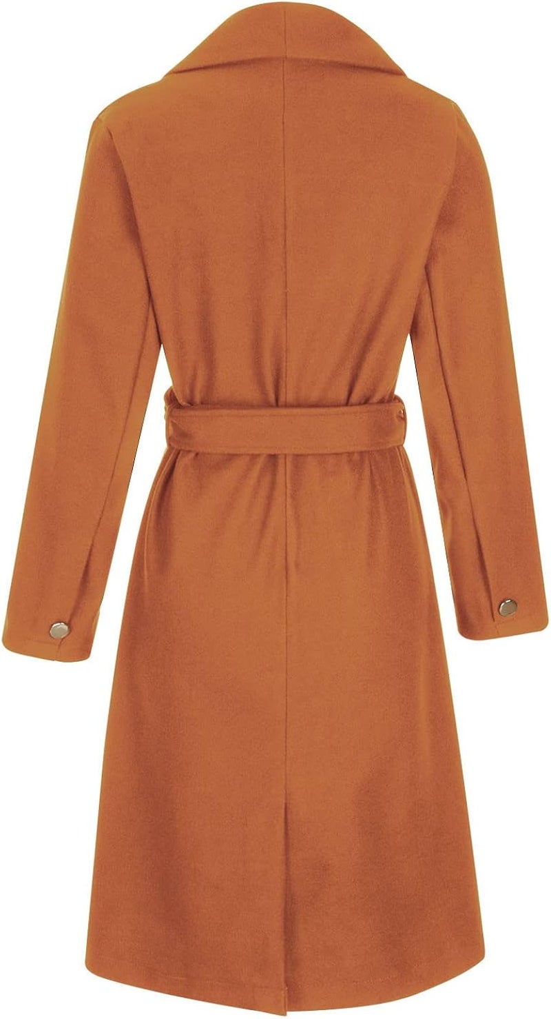 woobles Women's Faux Wool Notch Lapel Double Breasted Trench Belted Mid Long Outwear Winter Coat Slim Long Pea Coat Overcoat X-Large 003-khaki - Image 4