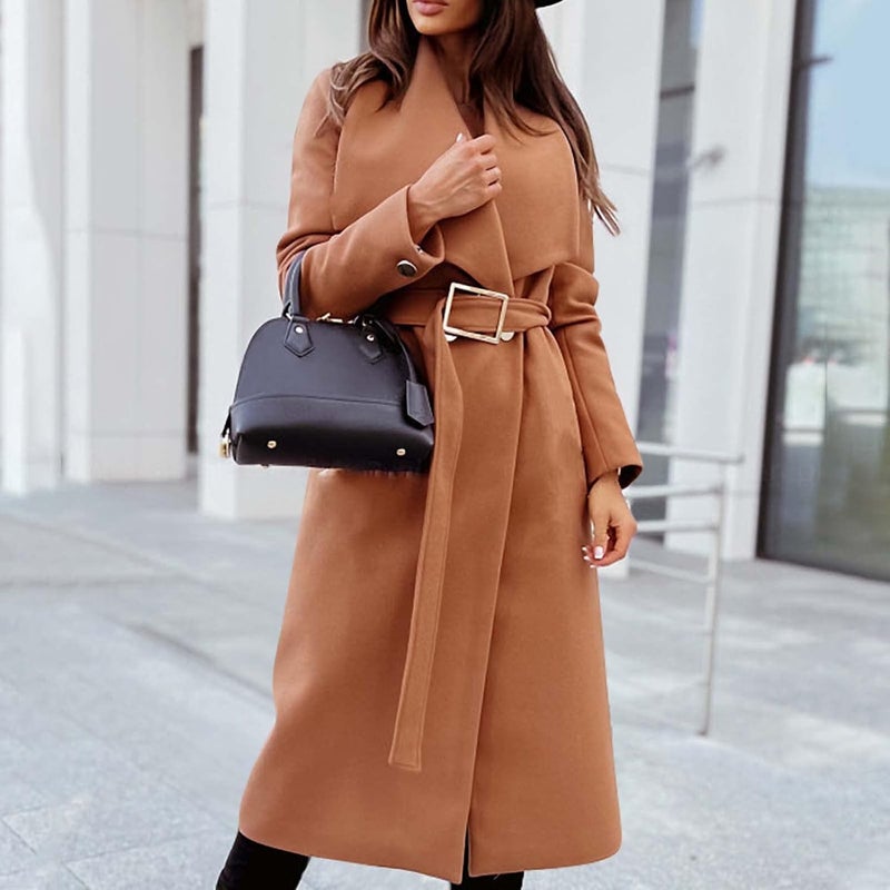 woobles Women's Faux Wool Notch Lapel Double Breasted Trench Belted Mid Long Outwear Winter Coat Slim Long Pea Coat Overcoat X-Large 003-khaki - Image 1