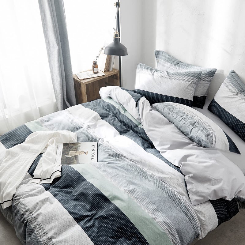 VClife Cotton Queen Duvet Cover White Grey Blue Stripe Bedding Sets Lightweight Modern Style Geometric Comforter Cover with Zipper Closure 1 Queen Size Duvet Cover and 2 Pillowcases Breathable Soft