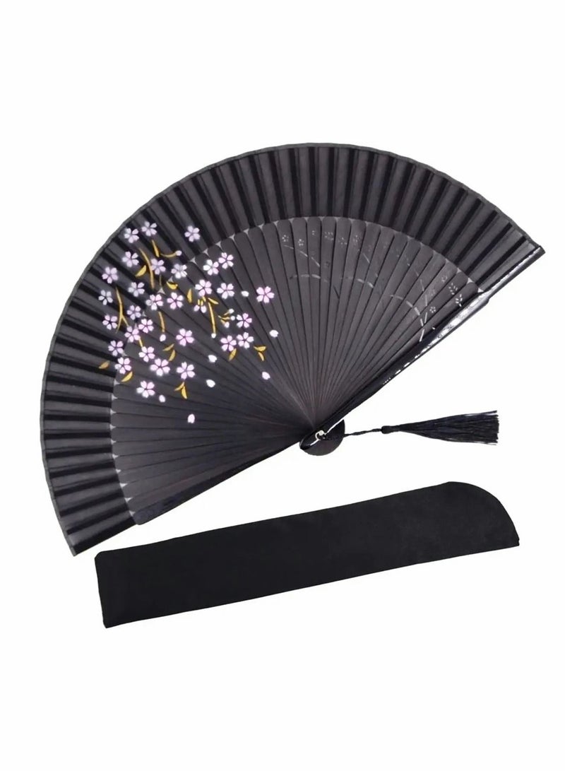 Handheld Bamboo Silk Folding Fan, Chinese Charming Elegant Vintage Style, Suitable for Dance Role Play Wedding Party Props Decoration and Best Gift for Women Girls (Black, 8.27 Inch) - Image 1