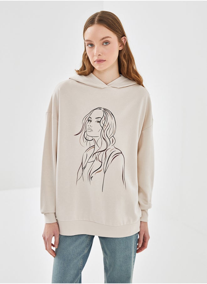 LC WAIKIKI Hooded Printed Long Sleeve Oversize Women's Sweatshirt Tunic  - Image 1
