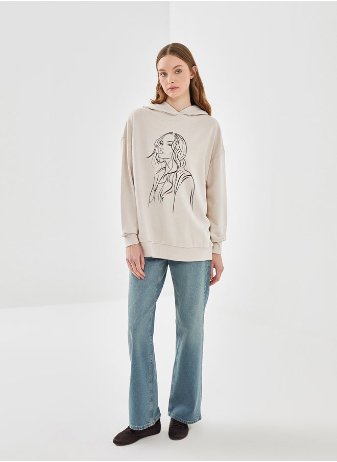 LC WAIKIKI Hooded Printed Long Sleeve Oversize Women's Sweatshirt Tunic  - Image 2