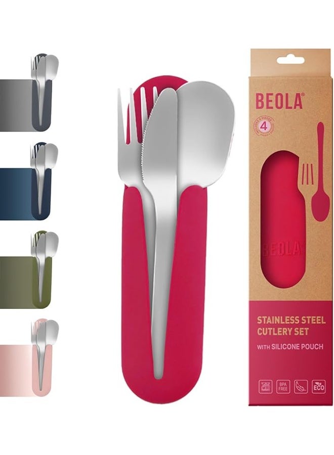 BEOLA Stainless Steel Cutlery Set with Silicone Case, Travel Utensils with Pouch, Reusable Fork Spoon and Knife, Cutlery for Lunch Box Kids School, Camping Outdoor, Set of 4pcs (Raspberry) - Image 1