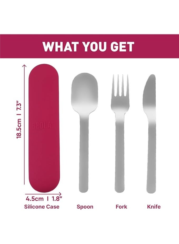 BEOLA Stainless Steel Cutlery Set with Silicone Case, Travel Utensils with Pouch, Reusable Fork Spoon and Knife, Cutlery for Lunch Box Kids School, Camping Outdoor, Set of 4pcs (Raspberry) - Image 5