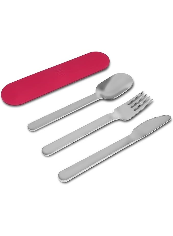 BEOLA Stainless Steel Cutlery Set with Silicone Case, Travel Utensils with Pouch, Reusable Fork Spoon and Knife, Cutlery for Lunch Box Kids School, Camping Outdoor, Set of 4pcs (Raspberry) - Image 2