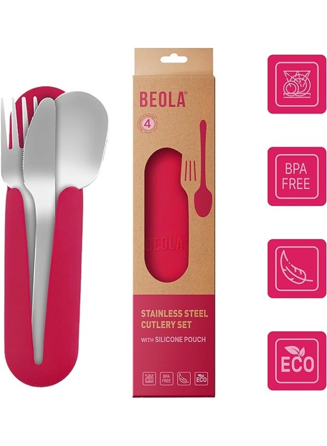 BEOLA Stainless Steel Cutlery Set with Silicone Case, Travel Utensils with Pouch, Reusable Fork Spoon and Knife, Cutlery for Lunch Box Kids School, Camping Outdoor, Set of 4pcs (Raspberry) - Image 4
