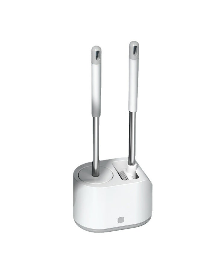 Modern Bathroom Toilet Brush and Holder Set, Dual-Head Long Handle Design with Silicone Bristles, White and Silver Base Stand - Image 1