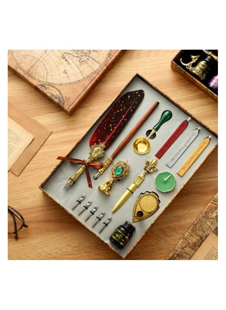 Generic Quill Feather Pen and Ink Set, Calligraphy Pen Glass Dip Pen and Wax Seal Stamp Kit  - Image 2
