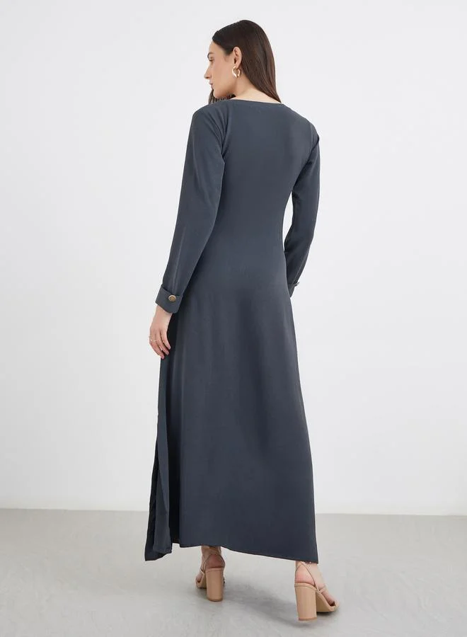 Styli Styli Women Grey Maxi Dress with Buttons