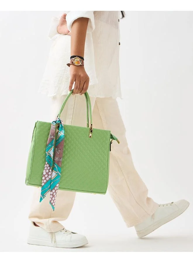 Chumbak Sage Quilted Handbag with Scarf | Sage Green