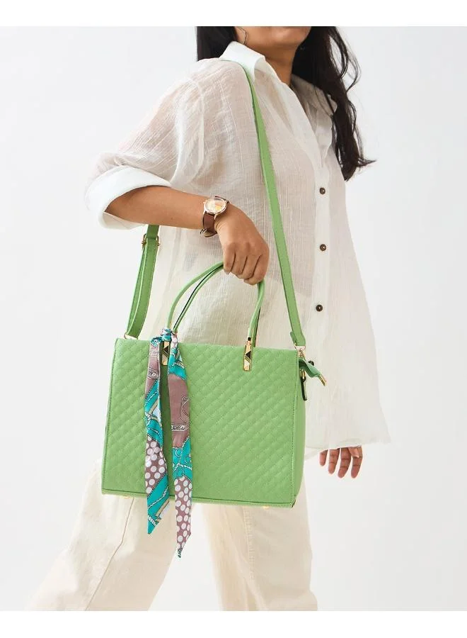 Chumbak Sage Quilted Handbag with Scarf | Sage Green