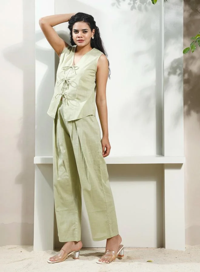 Athena Green Cotton Tie-Front Top and Trousers Co-ords
