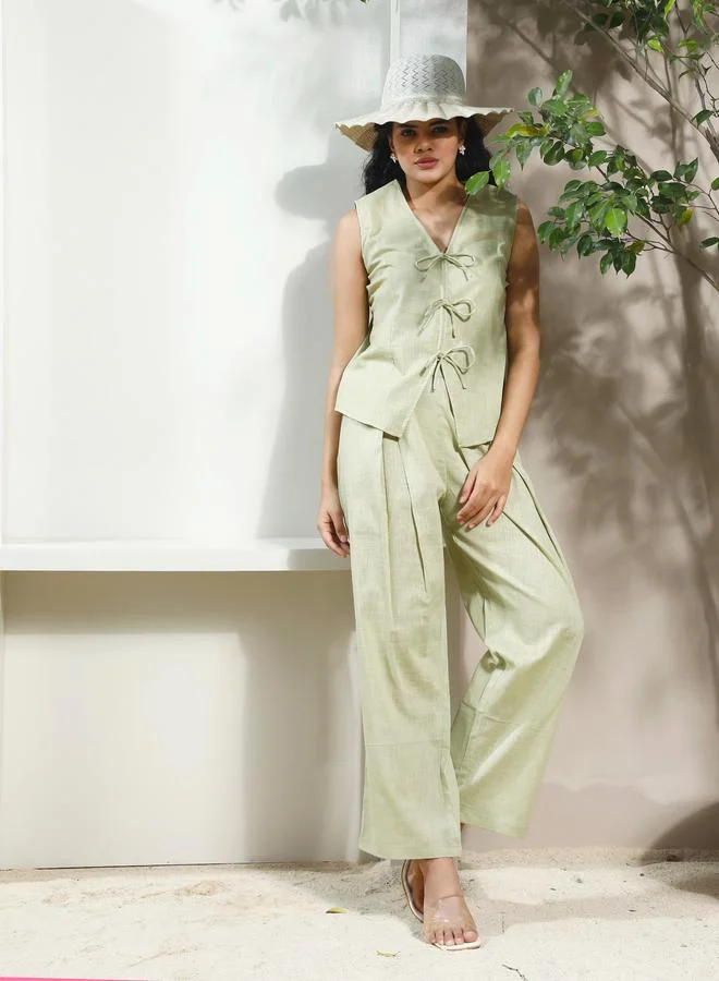 Athena Green Cotton Tie-Front Top and Trousers Co-ords