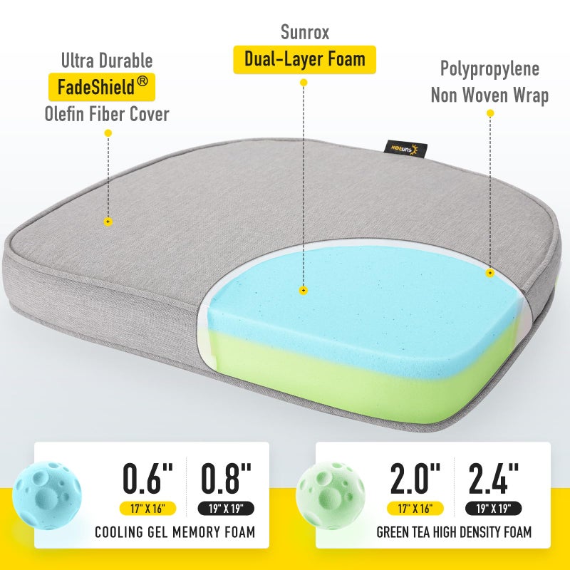 SUNROX Gel Memory Foam Chair Cushions, FadeShield Water-, Stain-Resistant Durable Reversible Seat Cushion Pads with Ties for Indoor/Outdoor Kitchen Dining Office, 17"x16", Set of 6, Heather Grey - Image 2