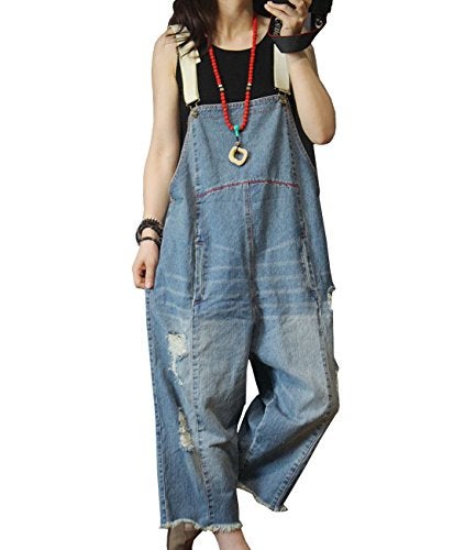 YESNO Women Casual Loose Cropped Denim Jumpsuits Rompers 90s Jeans Overalls Distressed Ripped Fringed/Pockets S P49 Blue - Image 1