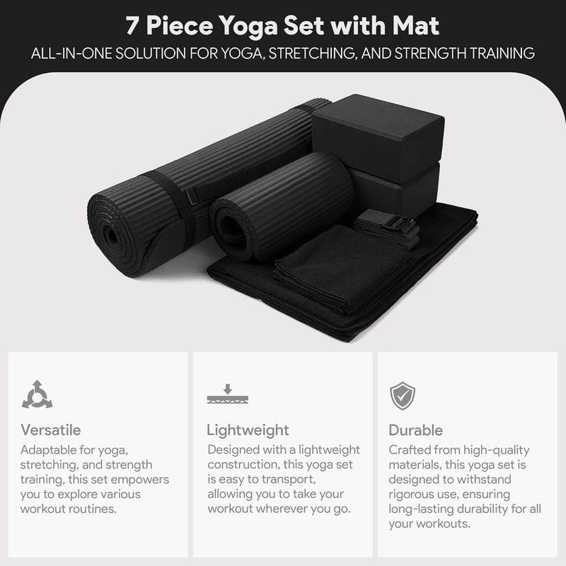 BalanceFrom 7-Piece Yoga Set with 71x24x0.5 Inches Extra Thick Mat and Carrying Sling – Includes 2 Blocks, Stretch Strap, 2 Towels, and Knee Pad for Home, Studio, and Gym Workouts - Image 2