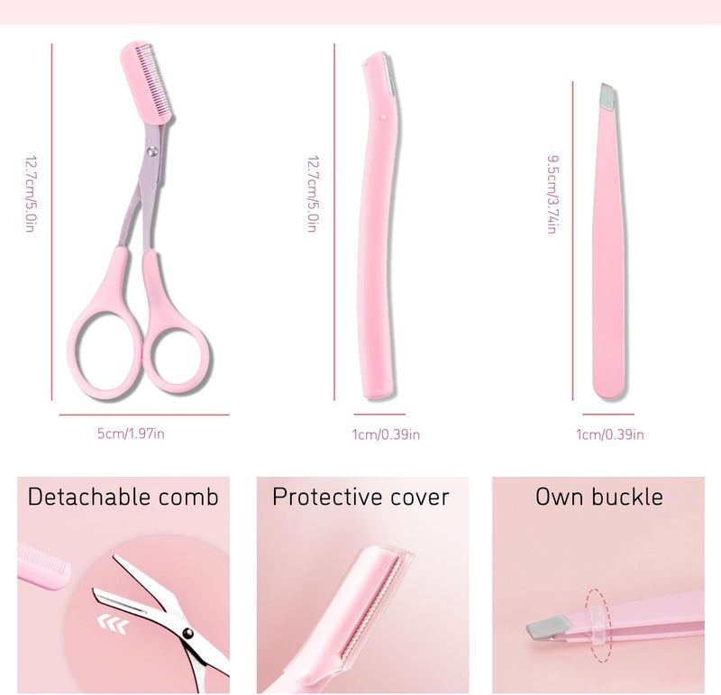 TORMEN Professional Eyebrow Grooming Kit, Eyebrow Scissors with Comb Eyebrow Razor Eyebrow Tweezers for Perfect Eyebrow Shaping, Face Hair Removal Tool for Men and Women(Pink) - Image 2