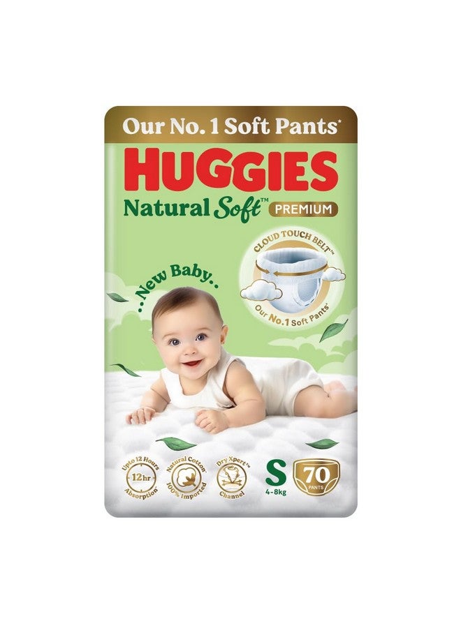 Huggies Huggies Natural Soft Premium Baby Diaper Pants, Our No.1 Soft Pants, Small (S) Size (4-8 Kgs), Pack of 70 diapers | Cloud Softness All over with India's 1st Cloud Touch Belt  - Image 1