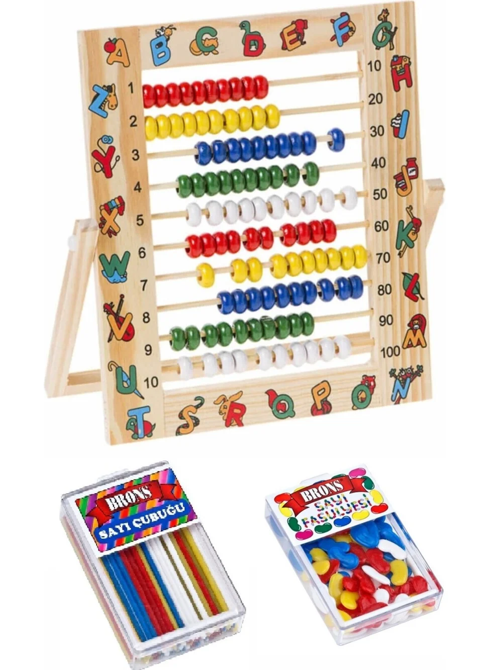 برونز Wooden Abacus Patterned 24X21CM and Number Beans and Sticks Set 1 Pack