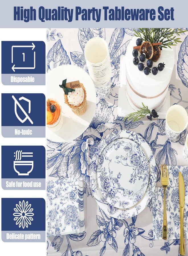 Zhehao 127 Pcs Blue and White Floral Disposable Tableware Set Serves 25 Guests Chinoiserie Floral Paper Plates Napkins Cups Tablecloth Flower Dinnerware for Bridal Shower Wedding Party Decorations - Image 5