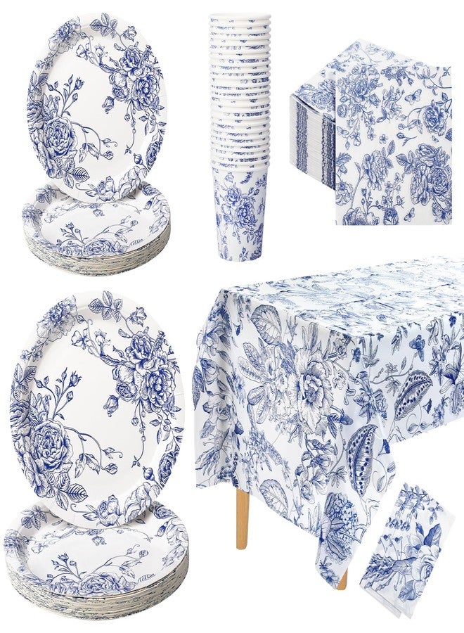 Zhehao 127 Pcs Blue and White Floral Disposable Tableware Set Serves 25 Guests Chinoiserie Floral Paper Plates Napkins Cups Tablecloth Flower Dinnerware for Bridal Shower Wedding Party Decorations - Image 1