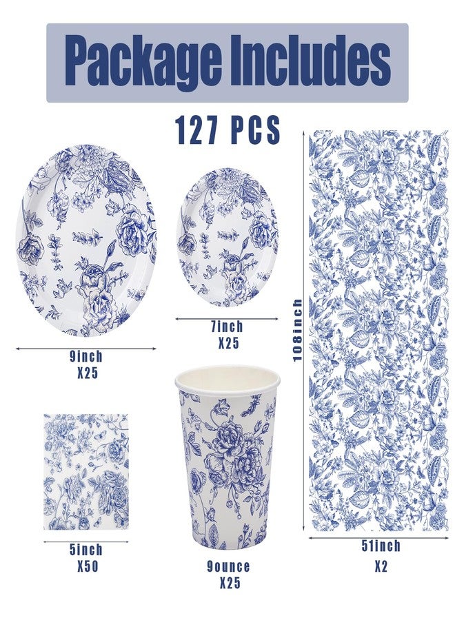 Zhehao 127 Pcs Blue and White Floral Disposable Tableware Set Serves 25 Guests Chinoiserie Floral Paper Plates Napkins Cups Tablecloth Flower Dinnerware for Bridal Shower Wedding Party Decorations - Image 2