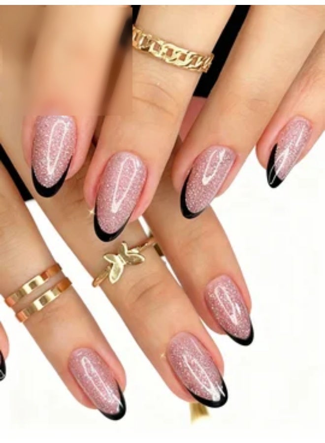 Orange Life Black French Tip Press On Nails with Glitter Nude Base, Long Almond Fake Nails with Elegant Sparkle Finish, Glossy Acrylic Stick On Nails for Evening Wear, Party, Wedding, Office Chic Style, Reusable Artificial Nails Set for Women Who Love Classic French Nail Design with Modern Luxury Touch - Image 4