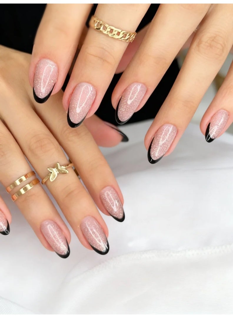 Orange Life Black French Tip Press On Nails with Glitter Nude Base, Long Almond Fake Nails with Elegant Sparkle Finish, Glossy Acrylic Stick On Nails for Evening Wear, Party, Wedding, Office Chic Style, Reusable Artificial Nails Set for Women Who Love Classic French Nail Design with Modern Luxury Touch - Image 5