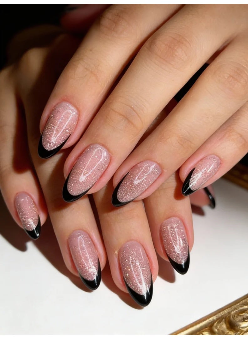 Orange Life Black French Tip Press On Nails with Glitter Nude Base, Long Almond Fake Nails with Elegant Sparkle Finish, Glossy Acrylic Stick On Nails for Evening Wear, Party, Wedding, Office Chic Style, Reusable Artificial Nails Set for Women Who Love Classic French Nail Design with Modern Luxury Touch - Image 2