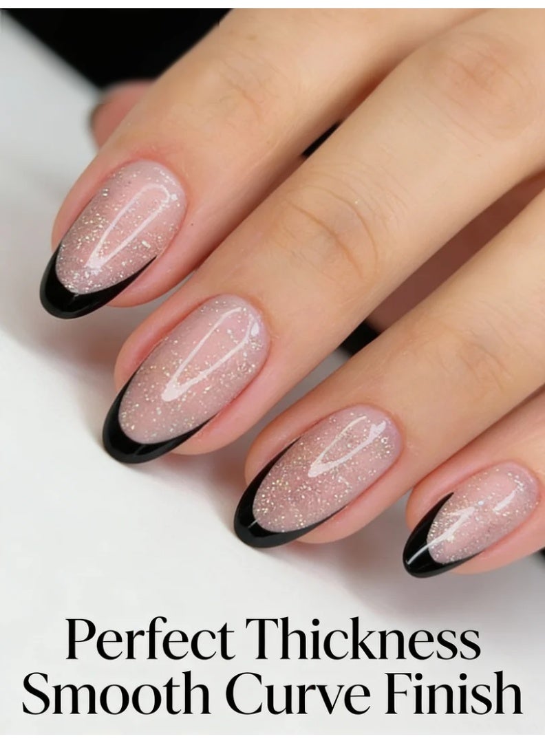 Orange Life Black French Tip Press On Nails with Glitter Nude Base, Long Almond Fake Nails with Elegant Sparkle Finish, Glossy Acrylic Stick On Nails for Evening Wear, Party, Wedding, Office Chic Style, Reusable Artificial Nails Set for Women Who Love Classic French Nail Design with Modern Luxury Touch - Image 1