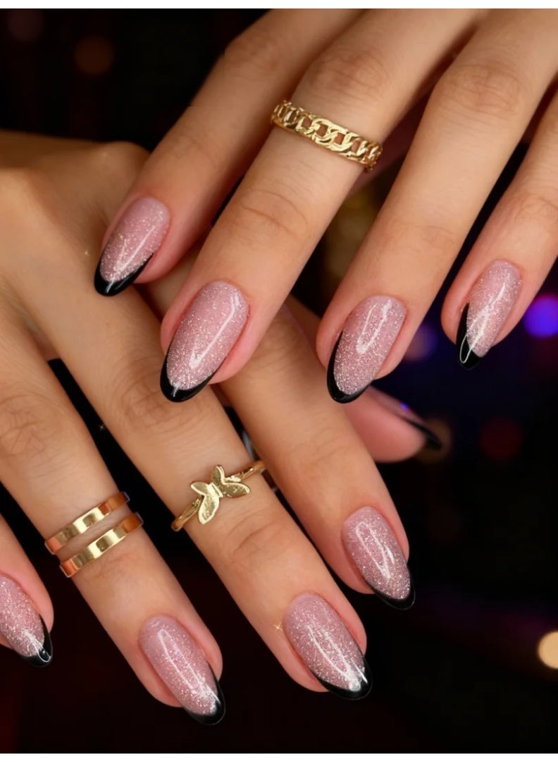 Orange Life Black French Tip Press On Nails with Glitter Nude Base, Long Almond Fake Nails with Elegant Sparkle Finish, Glossy Acrylic Stick On Nails for Evening Wear, Party, Wedding, Office Chic Style, Reusable Artificial Nails Set for Women Who Love Classic French Nail Design with Modern Luxury Touch - Image 3