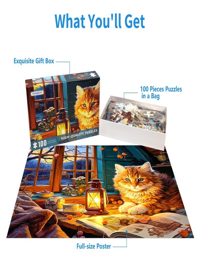 CHengQiSM 100 Piece Puzzles for Kids Reading Cat 100 Piece Puzzles for Adults, Cute Kitten 100 Pieces Puzzle for Kids Ages 4-8, Cozy Retreat Puzzle for Seniors Teens Brain Teaser - Image 5