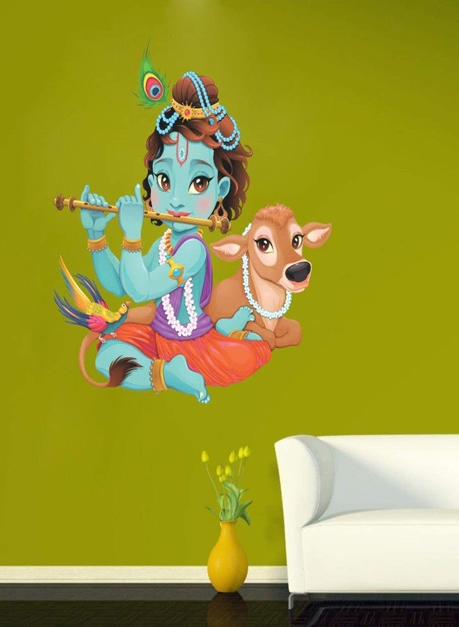 Walltech Lord Krishna Flute Playing with Cow Wall Sticker| Beautiful Design Wall Decoration Sticker - Image 1