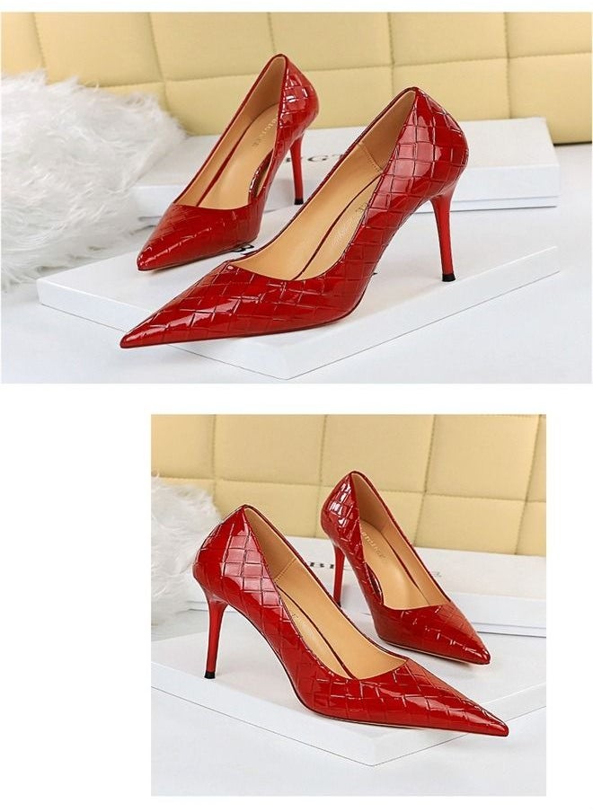 BIGTREE Lacquer Leather Woven High Heels 9.5CM Red  - Image 2