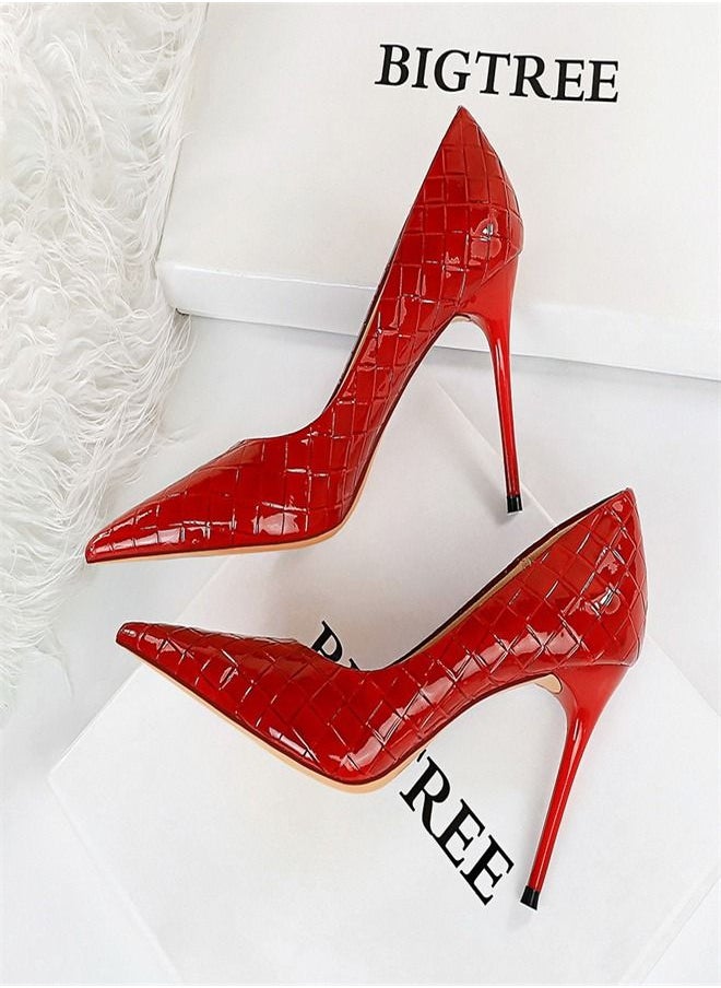BIGTREE Lacquer Leather Woven High Heels 9.5CM Red  - Image 1